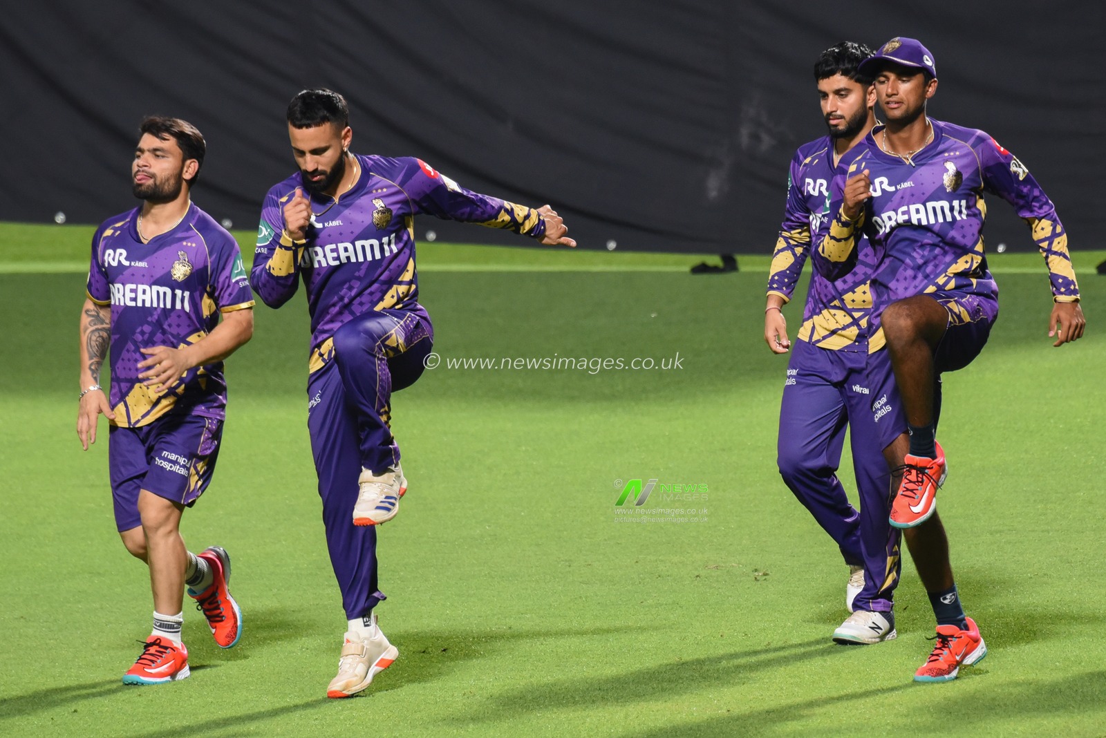 Kolkata Knight Rider's Rinku Singh,Venkatesh Iyer,Angkrish Raghuvanshi jogs as they take part in a training session ahead the Indian Premier League (IPL) Twenty20 cricket Match at the Eden Gardens Stadium in Kolkata on March 17,2025,Pictures by Debajyoti Chakraborty.(Photo: Debajyoti Chakraborty/News Images)