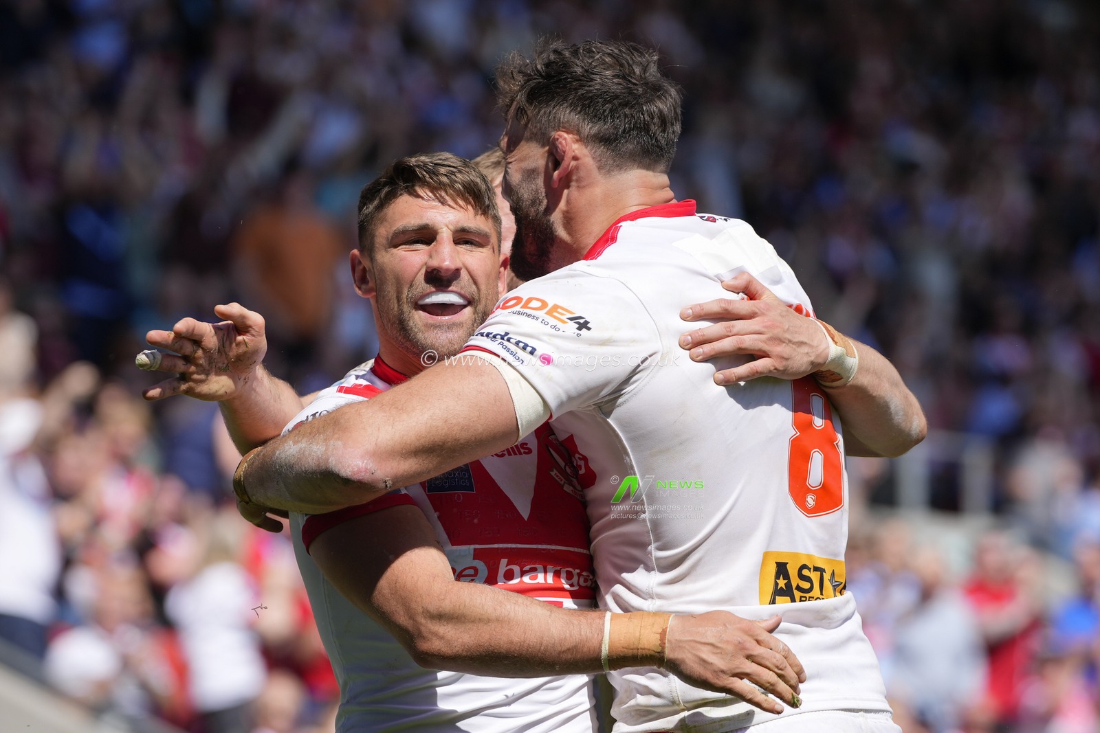 Tommy Makinson #2 of St. Helens celebrates scoring a try with Alex Walmsley #8 of St. Helens during the Betfred Super League Round 12 match St Helens vs Salford Red Devils at Totally Wicked Stadium, St Helens, United Kingdom, 13th May 2023

(Photo by Steve Flynn/News Images)