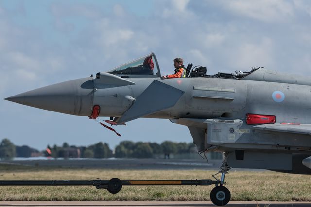 A RAF Eurofighter Typhoon FGR Mk4 taxies back to the pan without its canopy attached during a routine maintenance service during a flight training day at RAF Coningsby, Coningsby, United Kingdom, 22nd September 2025

(Photo by Mark Cosgrove/News Images)