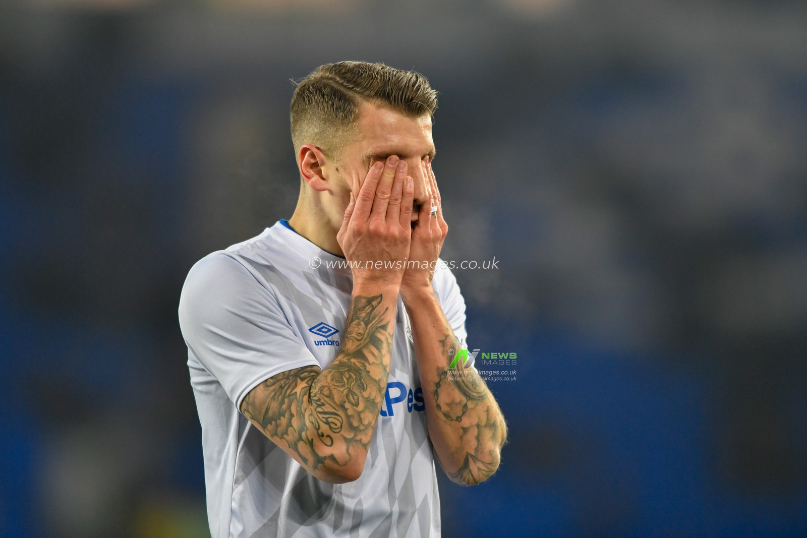 21st January 2020, Goodison Park, Liverpool, England; Premier League, Everton v Newcastle United : Lucas Digne (12) of Everton covers his face