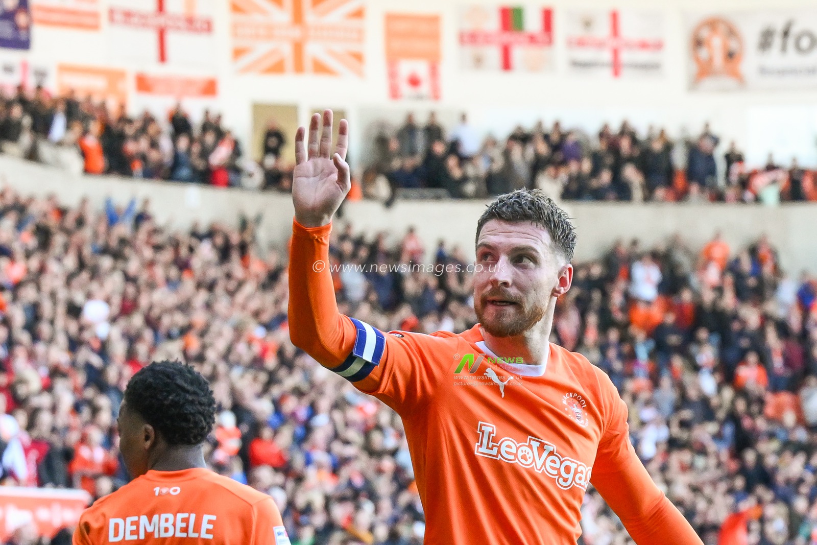 James Husband of Blackpool celebrates his goal to make it  2-0 during the Sky Bet League 1 match Blackpool vs Barnsley at Bloomfield Road, Blackpool, United Kingdom, 20th April 2024

(Photo by Craig Thomas/News Images)