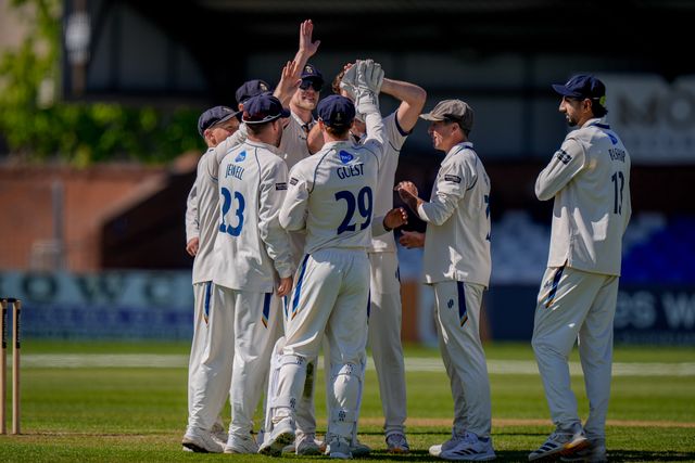 Derbyshire players celebrate the wicket of Ben Aitchison of Gloucestershire who is out caught behind off the bowling of Ben Aitchison of Derbyshire during the County Championship Division Two Derbyshire vs Gloucestershire at The Central Co-Op County Ground, Derby, United Kingdom on 24 April 2026

(Photo by Maynard Manyowa/News Images)