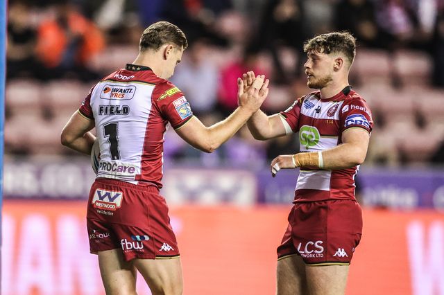 Jai Field of Wigan Warriors celebrates his try to make it 10-0 during the Betfred Super League Round 26 match Wigan Warriors vs Castleford Tigers at The Brick Community Stadium, Wigan, United Kingdom, 12th September 2025

(Photo by Alfie Cosgrove/News Images)