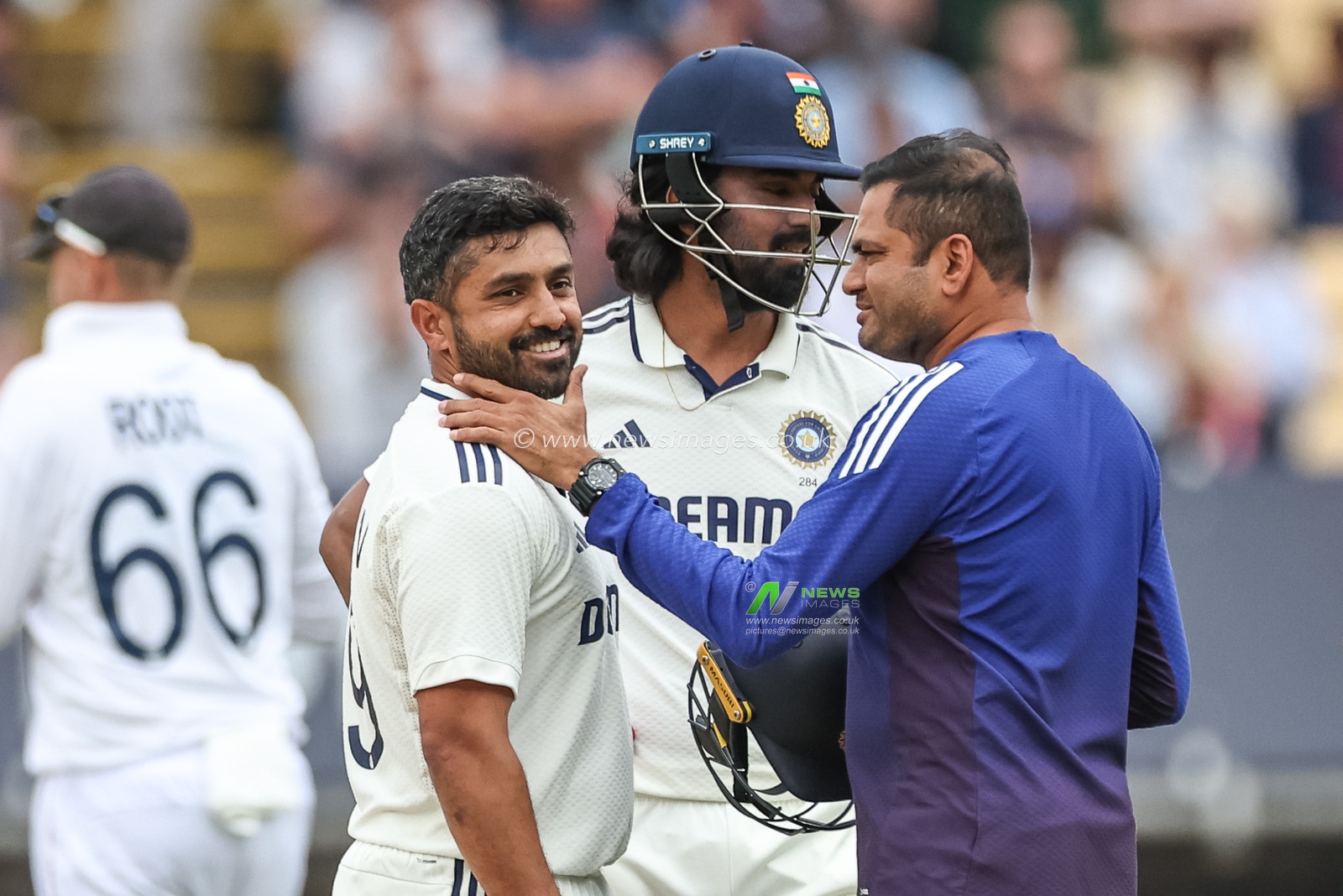 Karun Nair of India has a concussion check during the 2nd Rothesay Test Match day 4 England v India at Edgbaston, Birmingham, United Kingdom, 5th July 2025

(Photo by Mark Cosgrove/News Images)