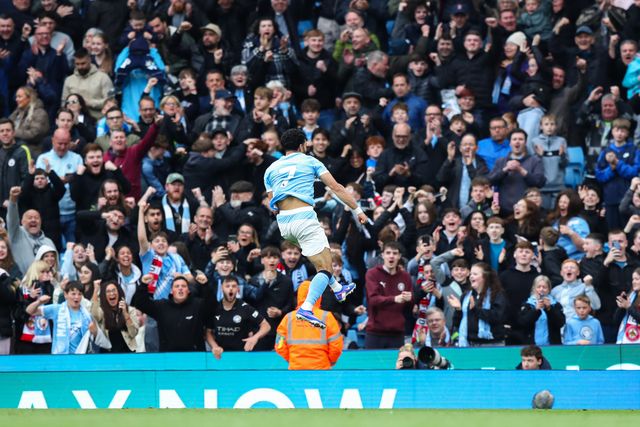 Omar Marmoush of Manchester City celebrates his goal to make it 3-0 during the Premier League match Manchester City vs Brentford at The City in the Community Etihad Stadium, Manchester, United Kingdom on 09 May 2026

(Photo by Jorge Horsted/News Images)