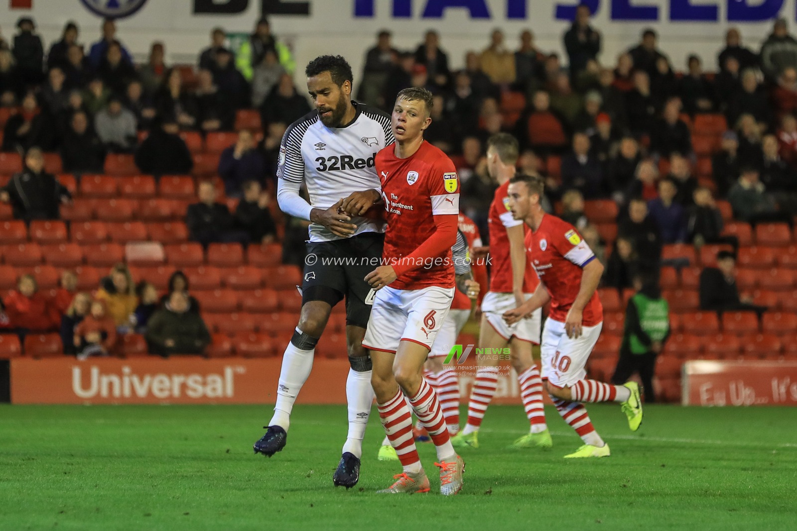 2nd October 2019, Oakwell, Barnsley, England; Sky Bet Championship, Barnsley v Derby County : Mads Andersen (6) of Barnsley bangs into Tom Huddlestone (44) of Derby County after he scores his penalty and Huddlestone hurts his knee and has to be substituted 

Credit: Mark Cosgrove/News Images