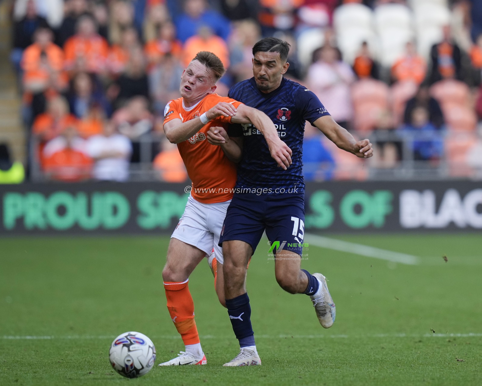 Andy Lyons #24 of Blackpool is fouled by Idris El Mizouni #15 of Leyton Orient during the Sky Bet League 1 match Blackpool vs Leyton Orient at Bloomfield Road, Blackpool, United Kingdom, 19th August 2023

(Photo by Steve Flynn/News Images)