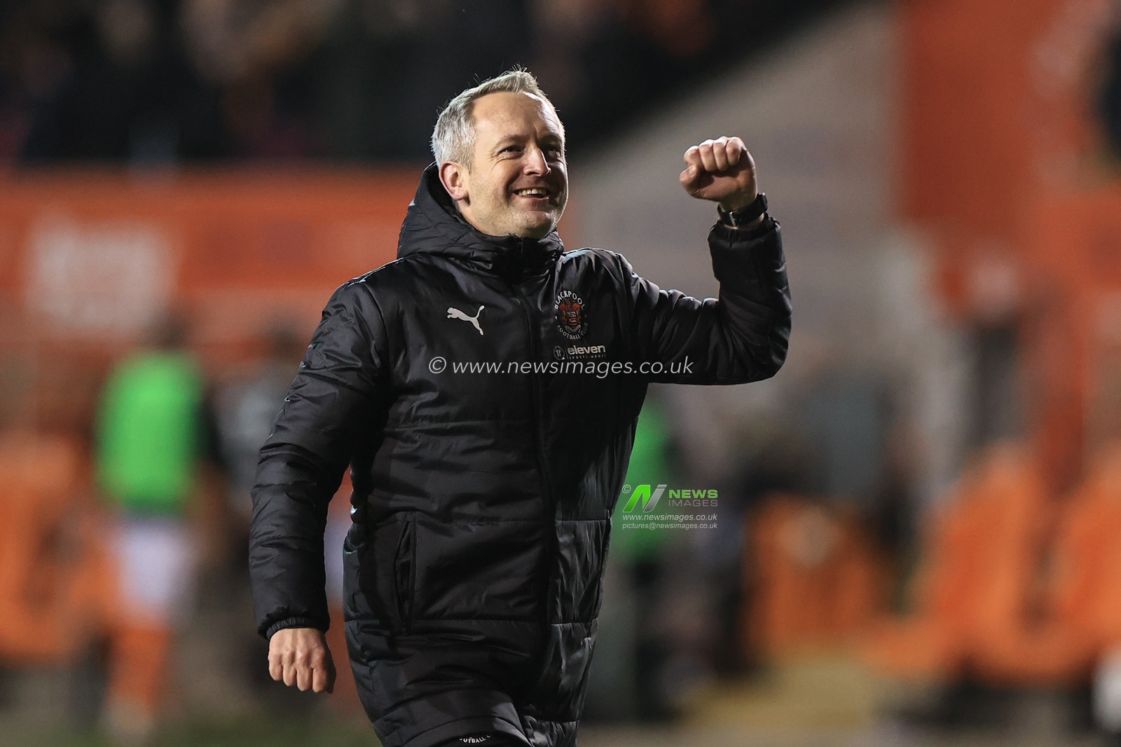 Neil Critchley head Coach of Blackpool plays to the home fans after Blackpool win 1-0