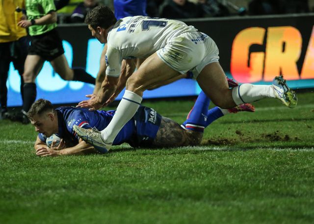 Cameron Scott of Wakefield Trinity goes over for a try during the Betfred Super League Round 1 match Wakefield Trinity vs Toulouse Olympique at DIY Kitchens Stadium, Wakefield, United Kingdom on 14 February 2026

(Photo by Richard Bierton/News Images)
