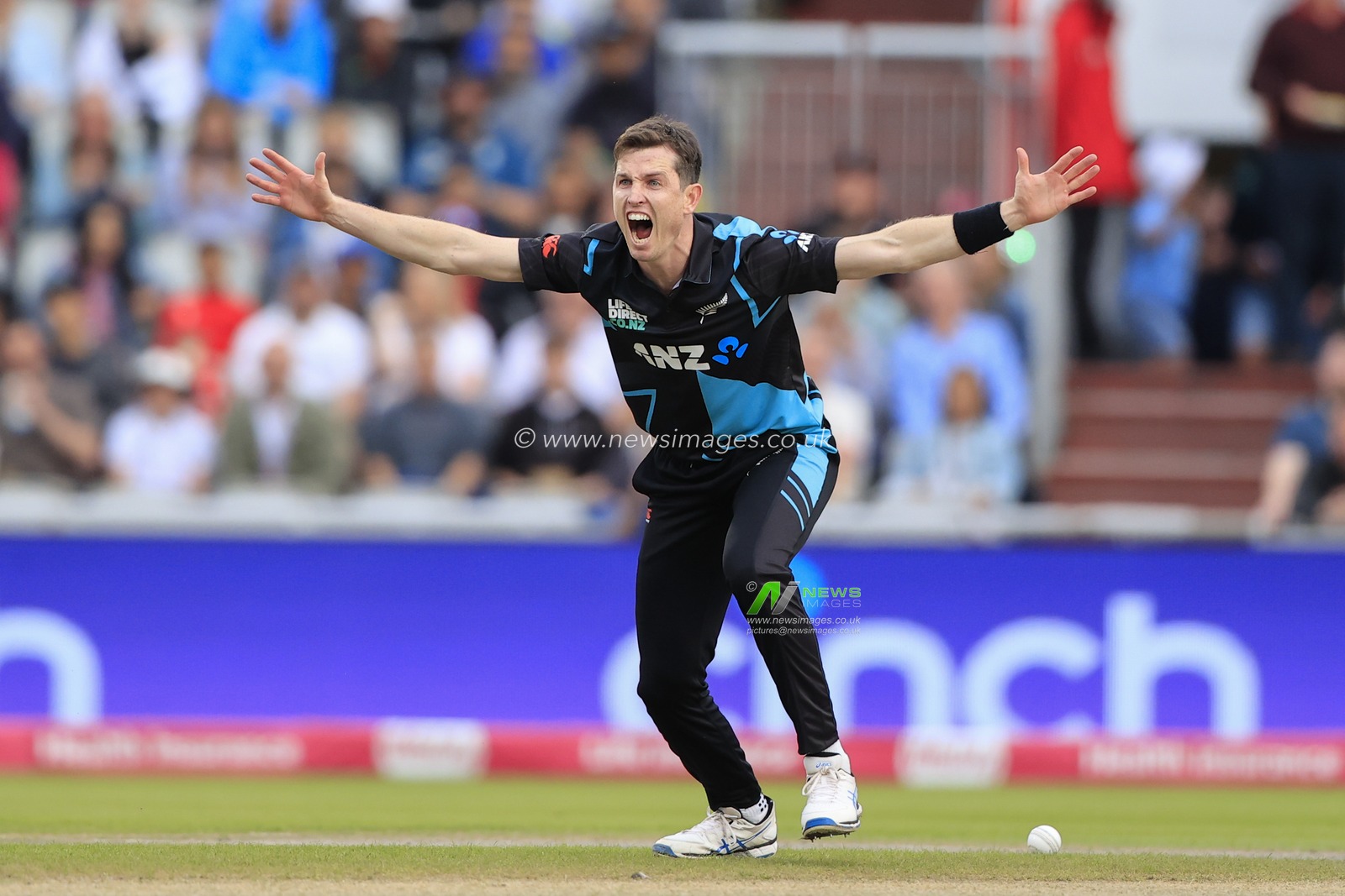 Adam Milne #20 of New Zealand appeals for lbw against Jonny Bairstow #51 of England but not given during the Second Vitality T20 International match England vs New Zealand at Old Trafford, Manchester, United Kingdom, 1st September 2023

(Photo by Conor Molloy/News Images)