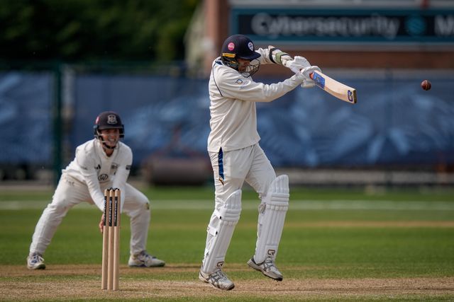 Mohammad Abbas cuts the ball for four during the County Championship Division Two Derbyshire v Gloucestershire at The Central Co-Op County Ground, Derby, United Kingdom on 26 April 2026

(Photo by Maynard Manyowa/News Images)