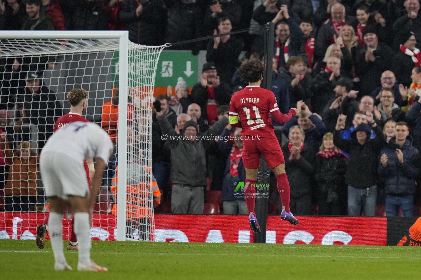 Mohamed Salah #11 of Liverpool celebrates after scoring to make the score 5-1 during the UEFA Europa League match Liverpool vs Toulouse at Anfield, Liverpool, United Kingdom, 26th October 2023

(Photo by Steve Flynn/News Images)