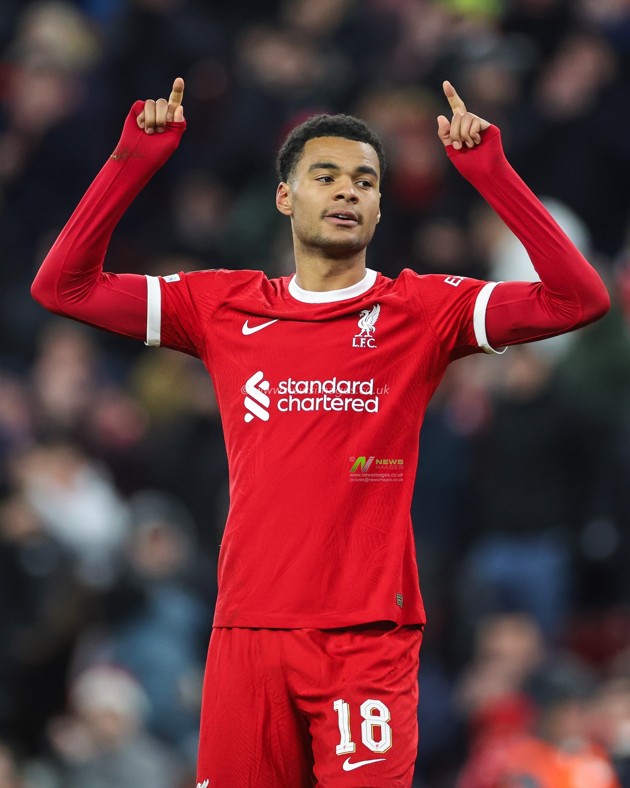 Cody Gakpo #18 of Liverpool celebrates his goal to make it 4-0 during the UEFA Europa League Group E match Liverpool vs LASK at Anfield, Liverpool, United Kingdom, 30th November 2023

(Photo by Mark Cosgrove/News Images)