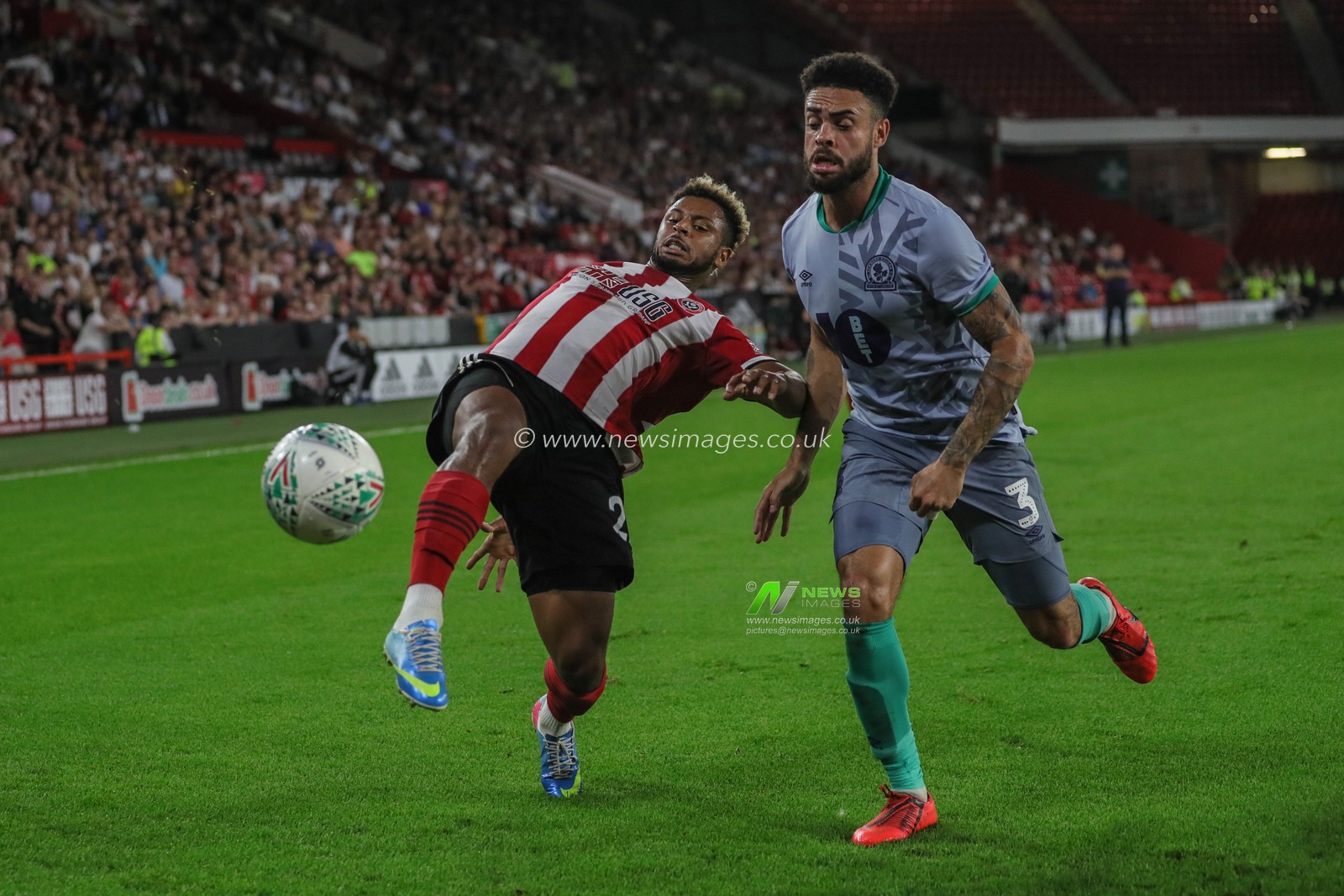 27th August 2019 , Bramall Lane, Sheffield, England; Carabao Cup Football, Second Round, Sheffield United vs Blackburn Rovers ; Lys Mousset (22) of Sheffield United fails to keep the ball in play as Derrick Williams (3) of Blackburn Rovers applies pressure 


Credit: Mark Cosgrove/News Images

English Football League images are subject to DataCo Licence