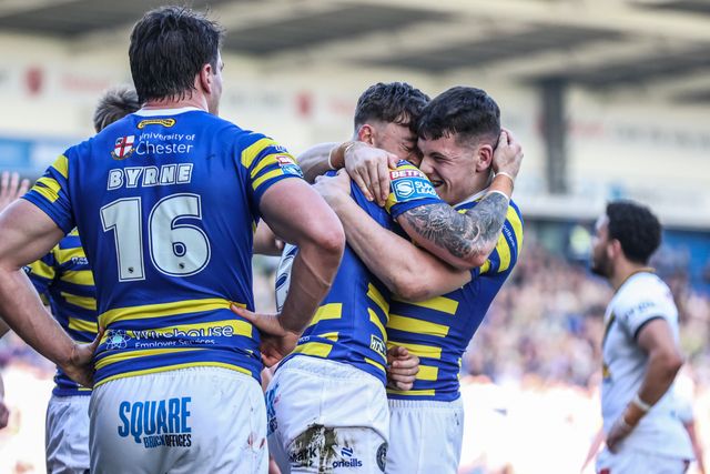 Matty Ashton of Warrington Wolves celebrates his try during the Betfred Super League round 5 match Warrington Wolves vs Castleford Tigers at The Halliwell Jones Stadium, Warrington, United Kingdom on 21 March 2026

(Photo by Alfie Cosgrove/News Images)