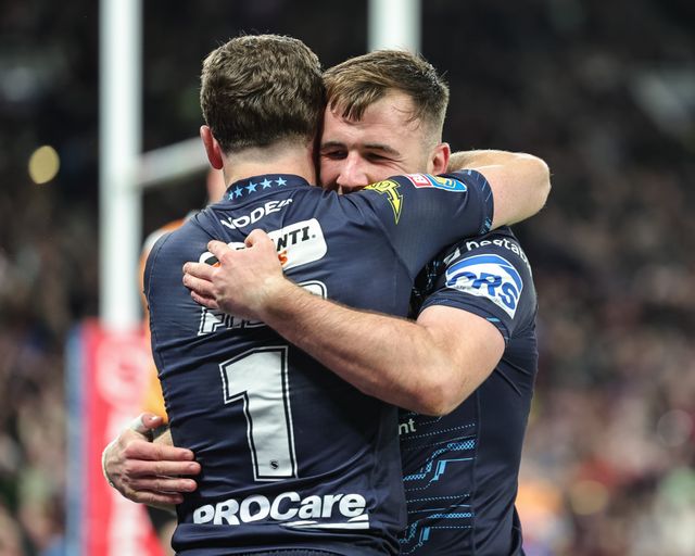 Harry Smith of Wigan Warriors celebrates his try during the 2025 Betfred Super League Grand Final Hull KR v Wigan Warriors at Old Trafford, Manchester, United Kingdom, 11th October 2025

(Photo by Mark Cosgrove/News Images)