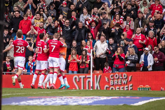 Wrexham players celebrate Jay Rodriguezâ€™ opening goal during the Sky Bet League 1 match Wrexham vs Stockport County at SToK Cae Ras, Wrexham, United Kingdom, 22nd March 2025

(Photo by Nik Mesney/News Images)