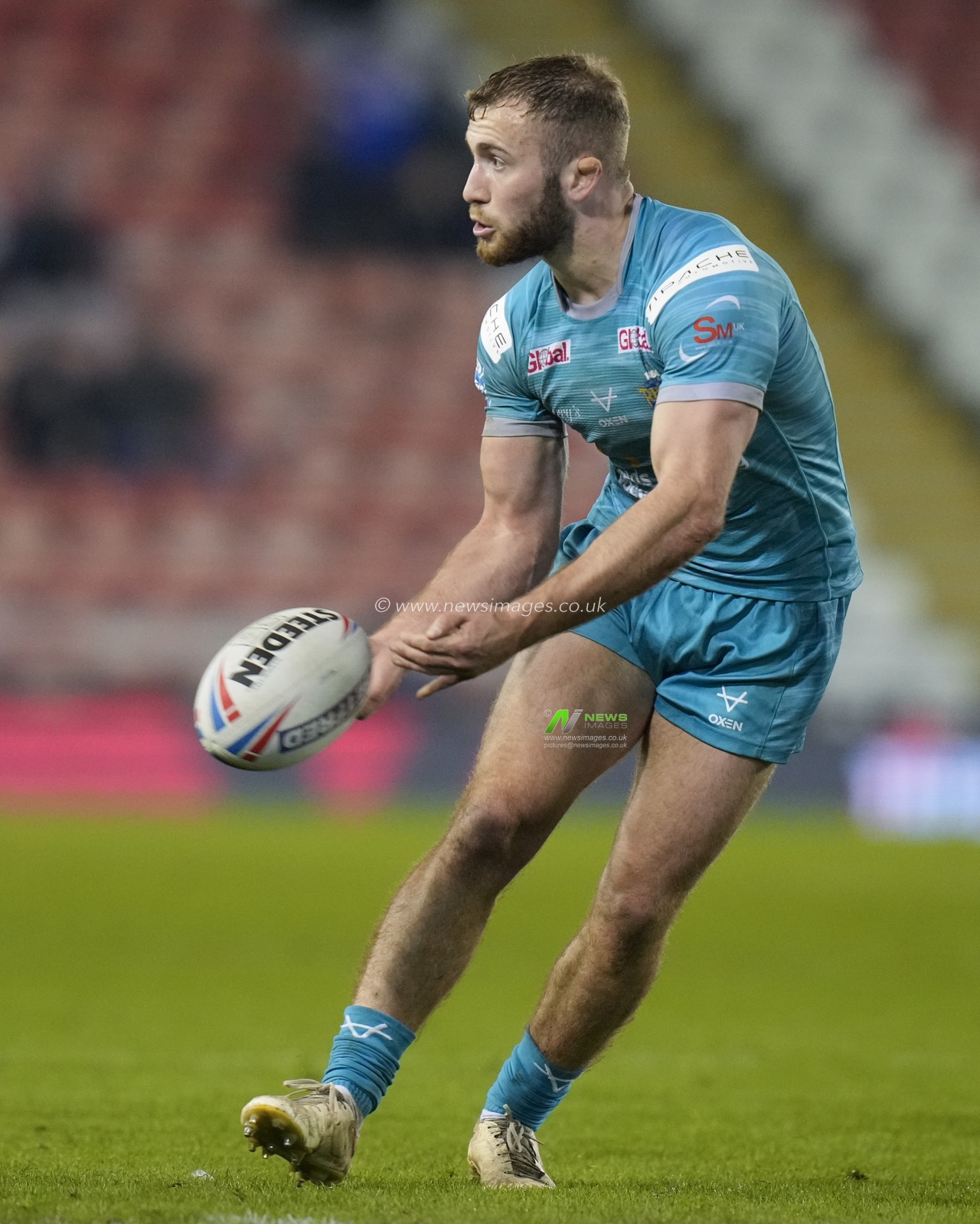 Jarrod Oâ€™Connor #14 of Leeds Rhinos passes the ball during the Betfred Super League Round 10 match Leigh Leopards vs Leeds Rhinos at Leigh Sports Village, Leigh, United Kingdom, 21st April 2023

(Photo by Steve Flynn/News Images)
