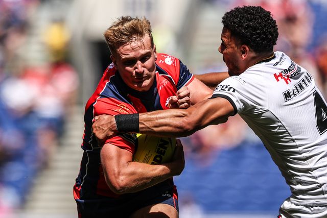 Will Tate of Wakefield Trinity is tackled by Darnell McIntosh of Castleford Tigers during the Betfred Super League Magic Weekend match Wakefield Trinity vs Castleford Tigers at Hill Dickinson Stadium, Liverpool, United Kingdom on 05 July 2026

(Photo by Alfie Cosgrove/News Images)