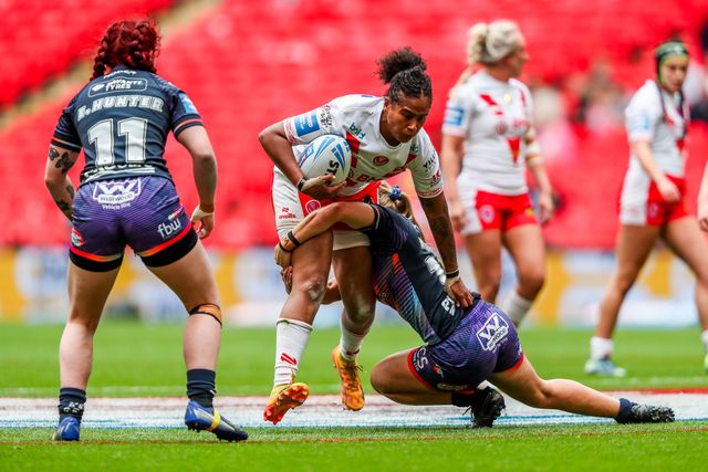 Chantelle Crowl of St Helens is tackled during the Betfred Women's Challenge Cup Final St Helens vs Wigan Warriors at Wembley Stadium, London, United Kingdom, 7th June 2025

(Photo by Izzy Poles/News Images)