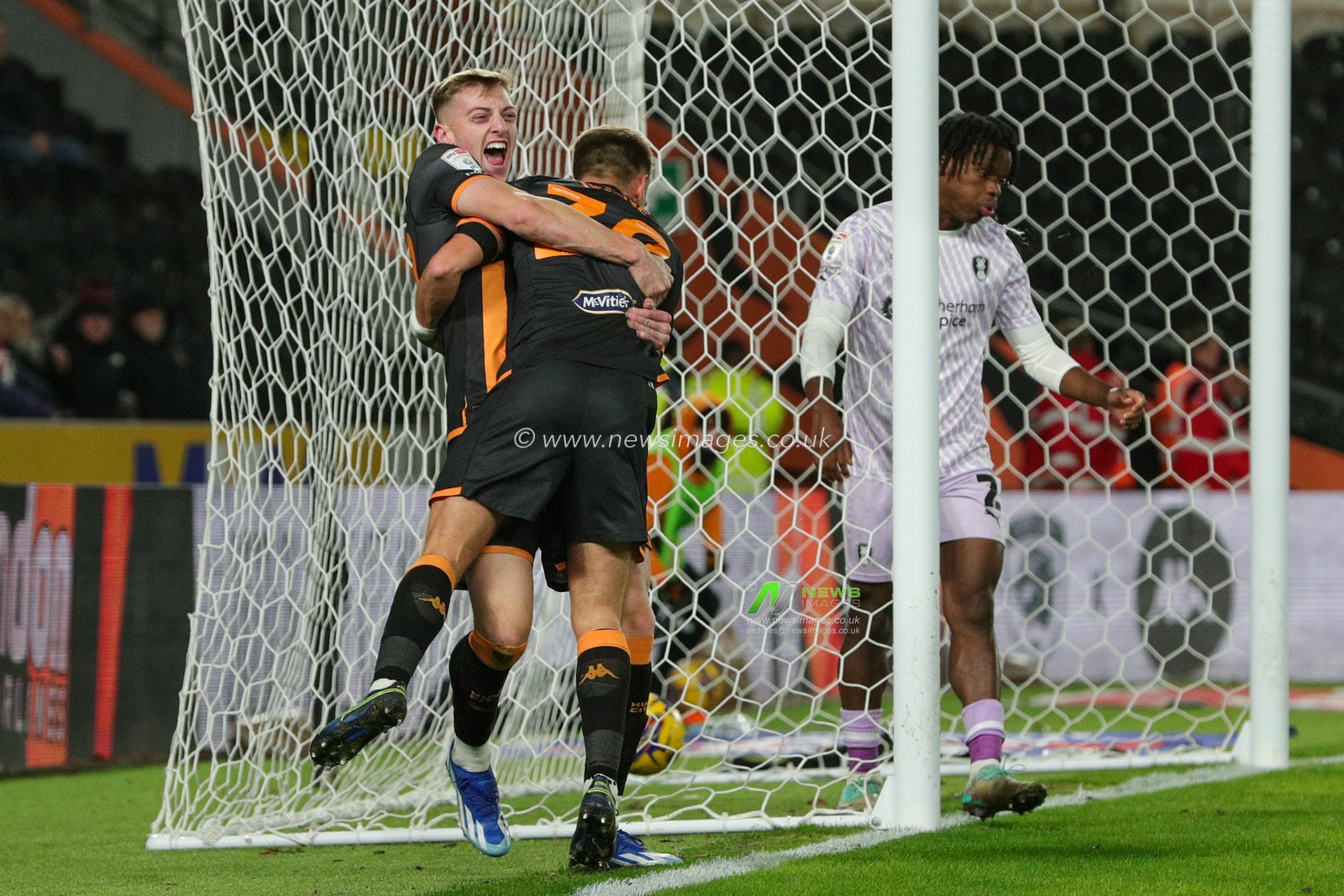 Scott Twine #30 of Hull City celebrates his goal with Liam Delap #20 of Hull City and makes the score 3-0 during the Sky Bet Championship match Hull City vs Rotherham United at MKM Stadium, Hull, United Kingdom, 28th November 2023

(Photo by James Heaton/News Images)