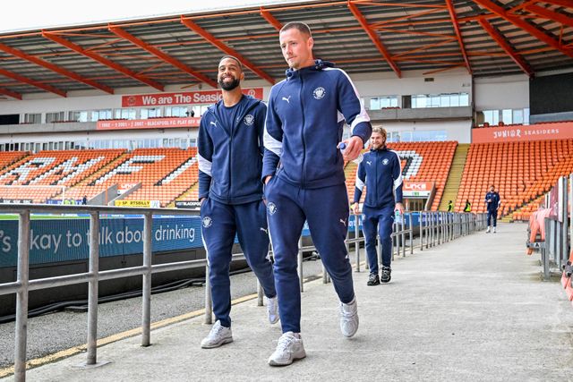 Oliver Casey of Blackpool  and Michael Ihiekwe of Blackpool  walking in prior to the Sky Bet League 1 match Blackpool vs Luton Town at Bloomfield Road, Blackpool, United Kingdom, 30th September 2025

(Photo by Adam Gee/News Images)