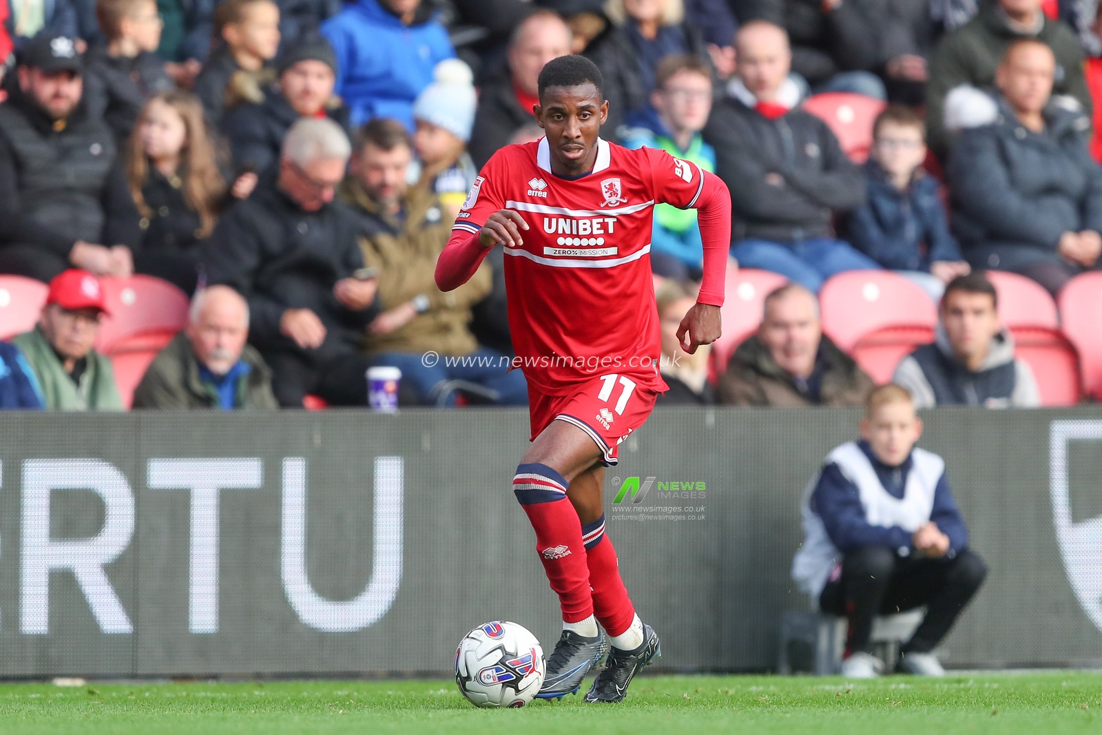 Isaiah Jones #11 of Middlesbrough in action during the Sky Bet Championship match Middlesbrough vs Birmingham City at Riverside Stadium, Middlesbrough, United Kingdom, 21st October 2023

(Photo by Gareth Evans/News Images)