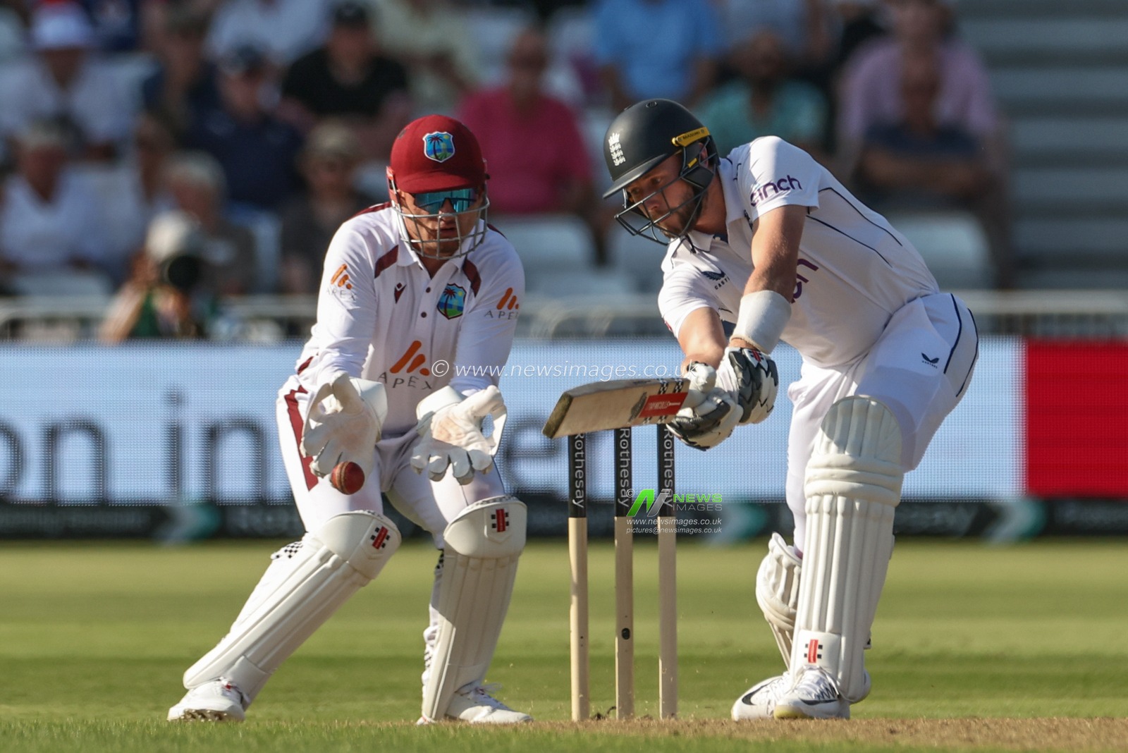 Gus Atkinson of England hits the ball into the hands of Kavem Hodge of West Indies during the 2nd Rothesay Test Match match England vs West Indies at Trent Bridge, Nottingham, United Kingdom, 18th July 2024

(Photo by Mark Cosgrove/News Images)