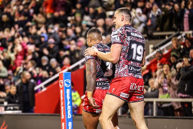Tesi Niu of Leigh Leopards celebrates his try during the Betfred Super League match Leigh Leopards vs Catalans Dragons at Leigh Sports Village, Leigh, United Kingdom on 06 March 2026

(Photo by Alfie Cosgrove/News Images)