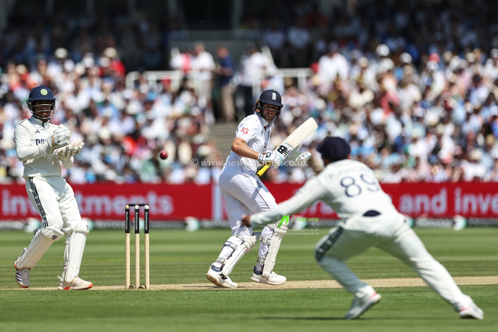 Joe Root of England hits the ball towards Karun Nair of India during the 3rd Rothesay Test Match Day 4 England v India at Lords, London, United Kingdom, 13th July 2025

(Photo by Mark Cosgrove/News Images)