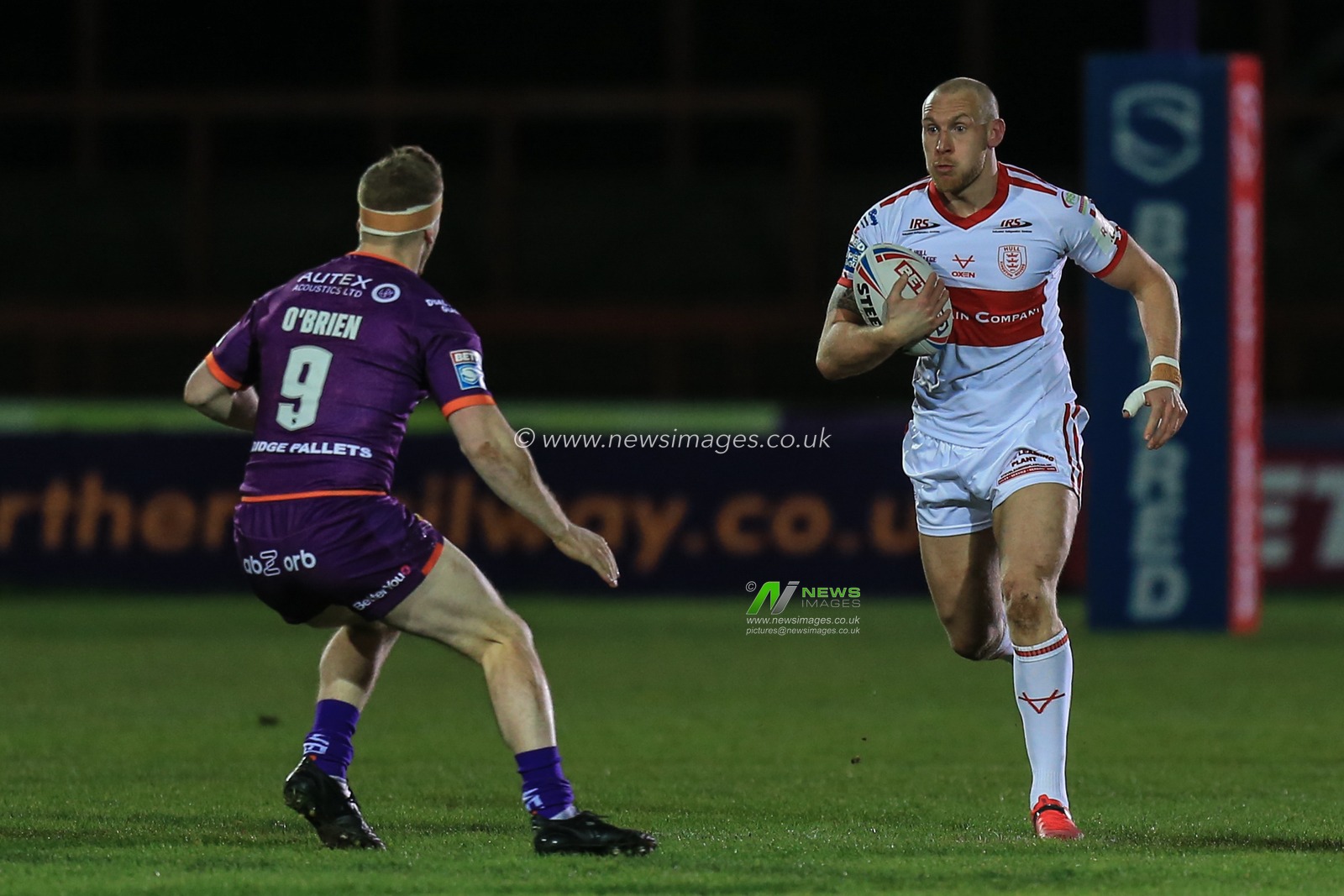 21st February 2020, Hull College Craven Park, Kingston upon Hull, England; Betfred Super League, Hull Kingston Rovers v Huddersfield Giants : Dean Hadley (13) of Hull KR runs Adam O'Brien (9) of Huddersfield Giants