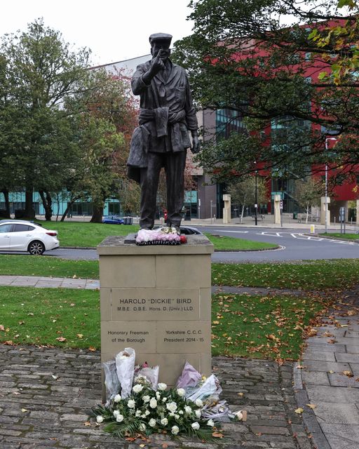 The Harold Dennis “Dickie” Bird OBE Statue during the Funeral of Harold Dennis “Dickie” Bird OBE at St Mary's Church, Barnsley, United Kingdom, 19th October 2025

(Photo by Mark Cosgrove/News Images)