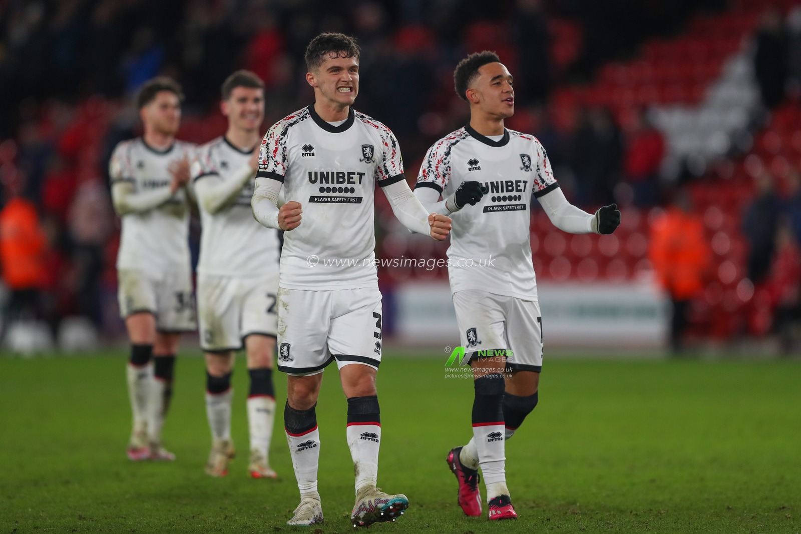 Ryan Giles #3 of Middlesbrough celebrates his teams win with Aaron Ramsey #11 of Middlesbrough after the Sky Bet Championship match Sheffield United vs Middlesbrough at Bramall Lane, Sheffield, United Kingdom, 15th February 2023

(Photo by Gareth Evans/News Images)