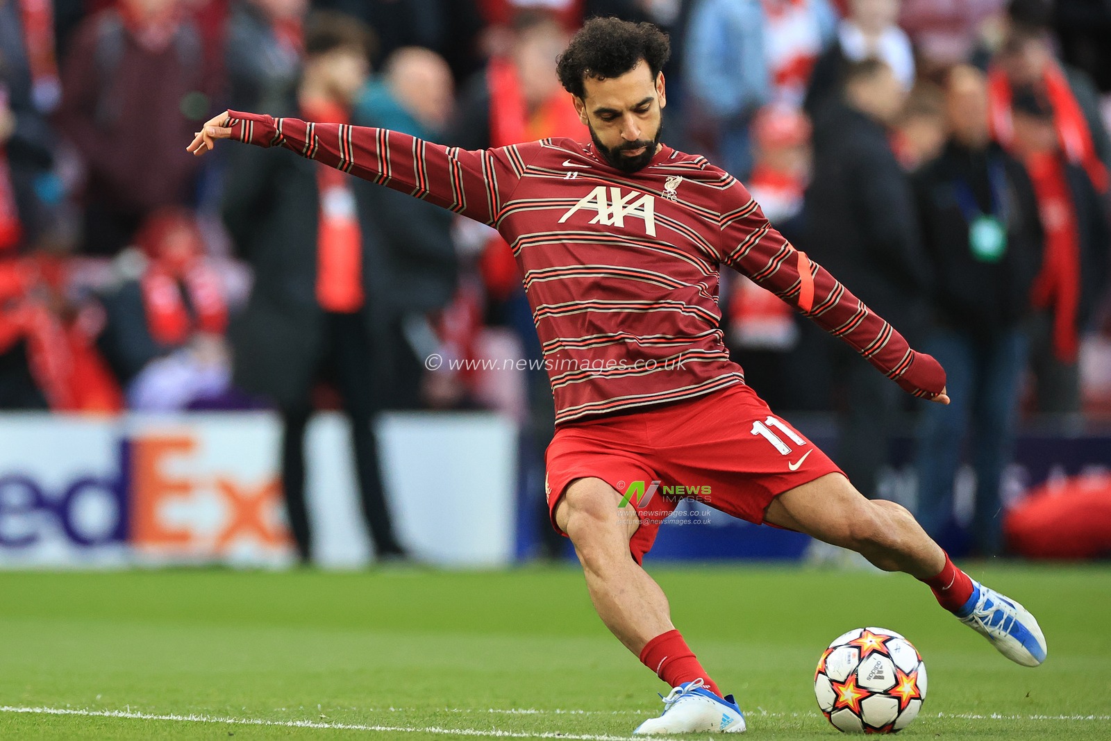 Mohamed Salah #11 of Liverpool during the pre-match warm-up