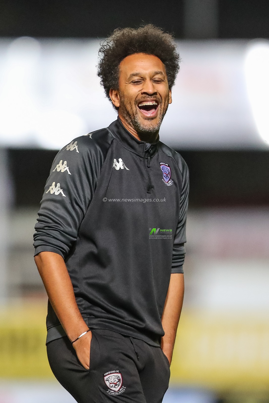 Josh Gowling manager of Hereford is all smiles during the pre-game warm up ahead of the Emirates FA Cup First Round match Hereford FC vs Portsmouth at Edgar Street, Hereford, United Kingdom, 4th November 2022

(Photo by Gareth Evans/News Images)