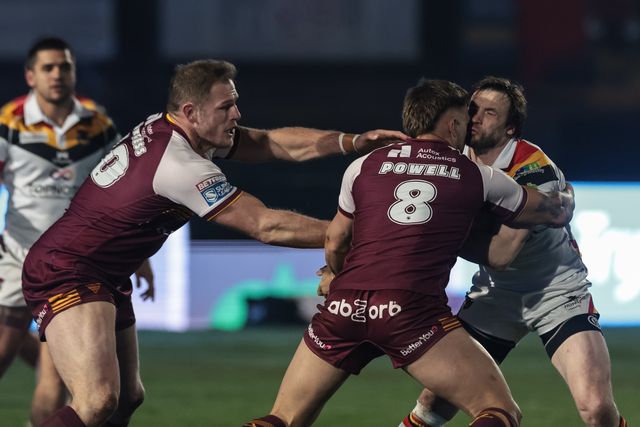 Leon Ruan of Bradford Bulls is tackled by Tristan Powell of Huddersfield Giants during the Betfred Super League Round 5 match Bradford Bulls vs Huddersfield Giants at Odsal Stadium, Bradford, United Kingdom on 20 March 2026

(Photo by Mark Cosgrove/News Images)