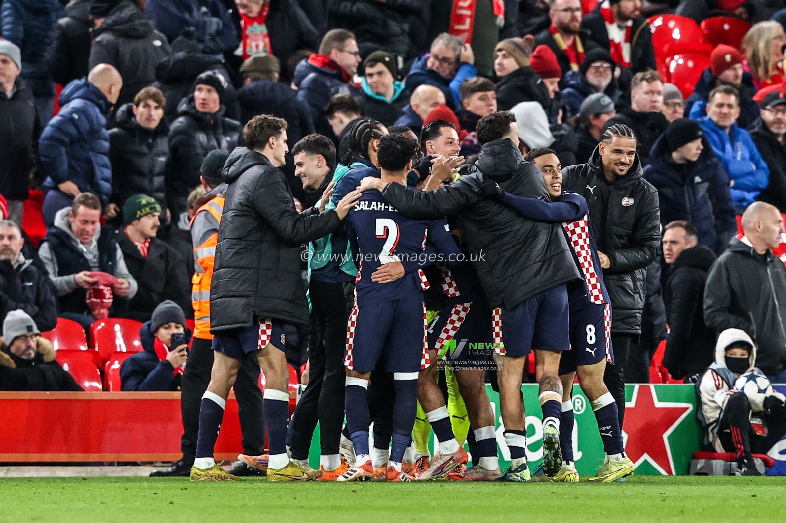 Couhaib Driouech of PSV Eindhoven celebrates his goal to make it 1-4 during the UEFA Champions League Matchday 5 of 8 Liverpool vs PSV Eindhoven at Anfield, Liverpool, United Kingdom, 26th November 2025

(Photo by Alfie Cosgrove/News Images)

*** GER AUT SUI OUT ***