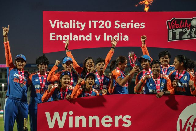 India lift the trophy after winning the series 2-3  during the 5th Vitality IT20 England Women vs India Women at Edgbaston, Birmingham, United Kingdom, 12th July 2025

(Photo by Izzy Poles/News Images)