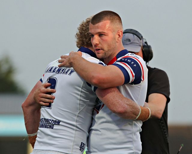 Lachlan Walmsley of Wakefield Trinity celebrates his try with Max Jowitt of Wakefield Trinity during the Betfred Super League round 20 match Wakefield Trinity vs Leeds Rhinos at DIY Kitchens Stadium, Wakefield, United Kingdom, 24th July 2025(Photo by Sam Eaden/News Images)