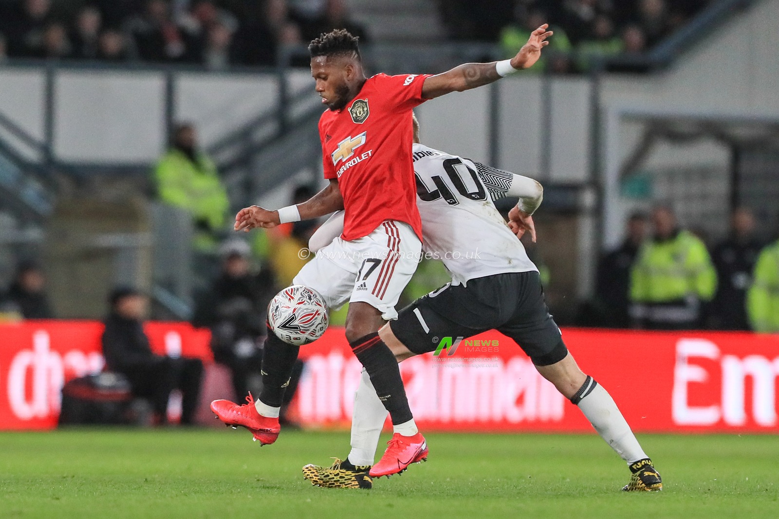 5th March 2020, Pride Park Stadium, Derby, England; Emirates FA Cup 5th Round, Derby County v Manchester United : Fred (17) of Manchester United wins the battle for the ball with Louie Sibley (40) of Derby County