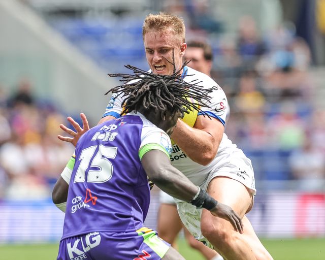 Cooper Jenkins of Leeds Rhinos barges into Eribe Doro of Bradford Bulls during the Betfred Super League Magic Weekend match Leeds Rhinos vs Bradford Bulls at Hill Dickinson Stadium, Liverpool, United Kingdom on 05 July 2026

(Photo by Mark Cosgrove/News Images)