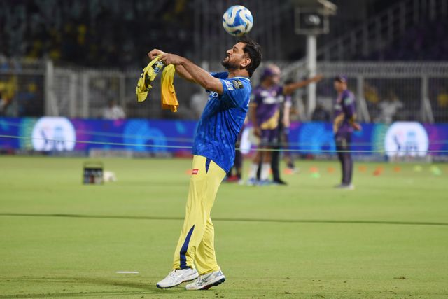 CSK Captain MS Dhoni playing Soccer at  the  Eden Gardens Cricket Siadum prior to the 2025 IPL match between Kolkata Knight Riders and Chennai Super Kings (CSK) in Kolkata,India on May 7,2025.Photo by Debajyoti Chakraborty.(Photo: Debajyoti Chakraborty/News Images)