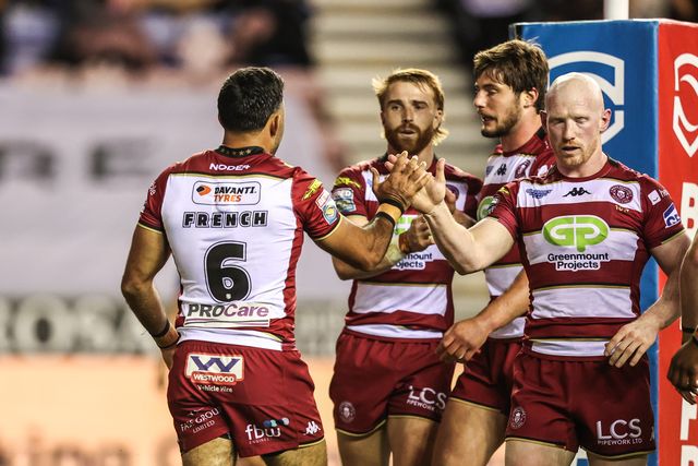 Bevan French of Wigan Warriors celebrates his try to make it 10-0 during the Betfred Super League round 27 match Wigan Warriors vs Leeds Rhinos at The Brick Community Stadium, Wigan, United Kingdom, 19th September 2025

(Photo by Alfie Cosgrove/News Images)