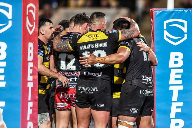 Xavier Va'a of York Knights celebrates his try during the Betfred Super League round 8 match York Knights vs Leigh Leopards at LNER Community Stadium, York, United Kingdom on 17 April 2026

(Photo by Alfie Cosgrove/News Images)