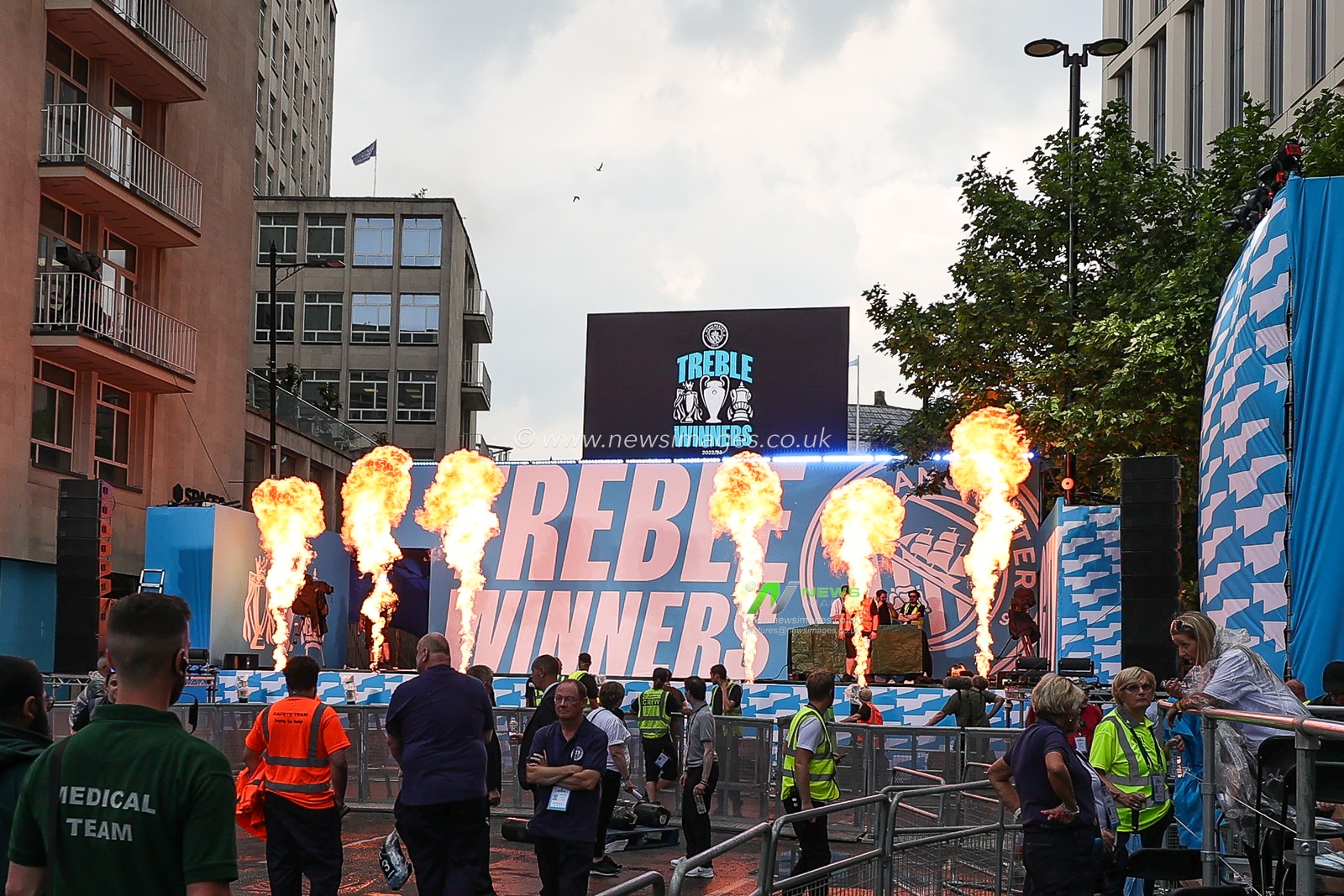 Stage preparations ahead of Manchester City's Treble victory parade at St Peterâ€™s Square, Manchester, United Kingdom, 12th June 2023

(Photo by Mark Cosgrove/News Images)