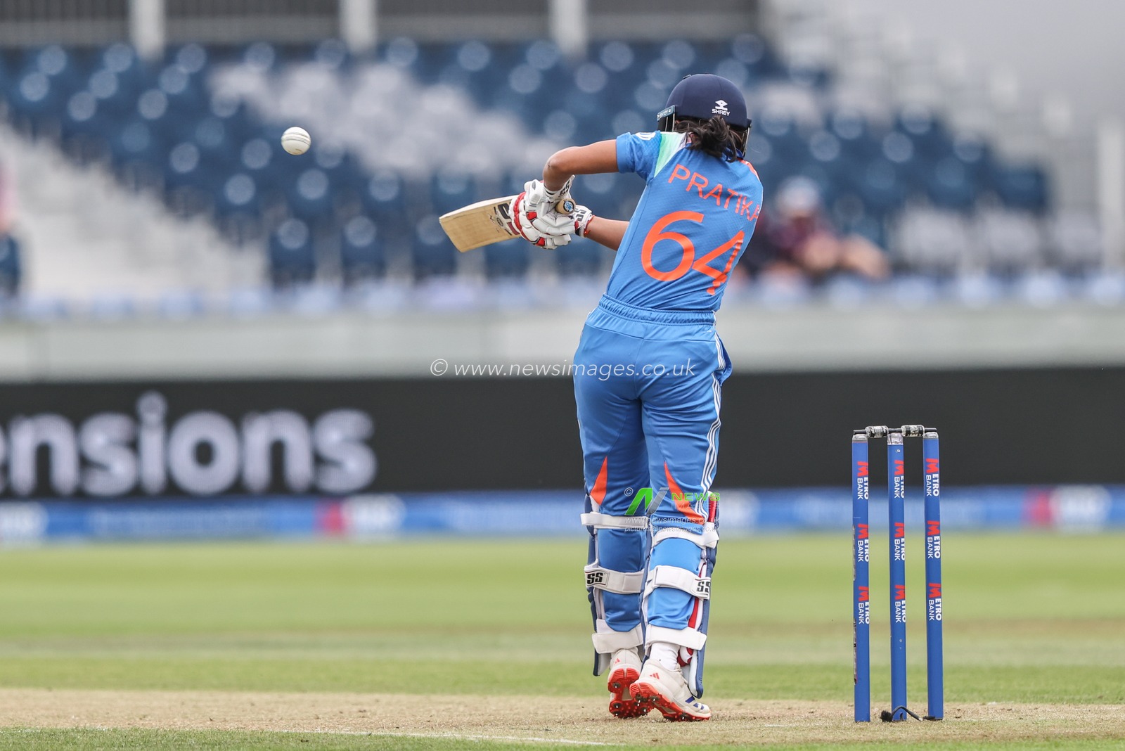 Pratika Rawal of India plays a shot during the 3rd Metro Bank One Day International England Women vs India Women at Banks Homes Riverside Stadium, Chester-le-street, United Kingdom, 22nd July 2025

(Photo by Alfie Cosgrove/News Images)