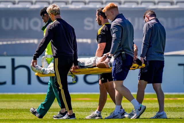 Anuj Dal of Derbyshire receives treatment before leaving the field of play injured during the County Championship Division Two Derbyshire vs Gloucestershire at The Central Co-Op County Ground, Derby, United Kingdom on 24 April 2026

(Photo by Maynard Manyowa/News Images)