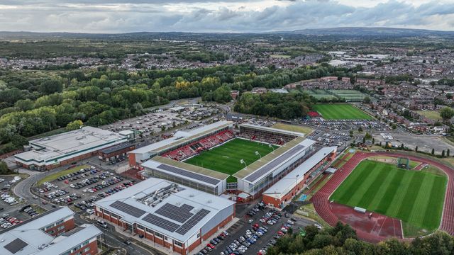 An aerial view of Leigh Sports Village ahead of the Betfred Super League round 25 match Leigh Leopards vs Castleford Tigers at Leigh Sports Village, Leigh, United Kingdom, 28th August 2025

(Photo by Alfie Cosgrove/News Images)