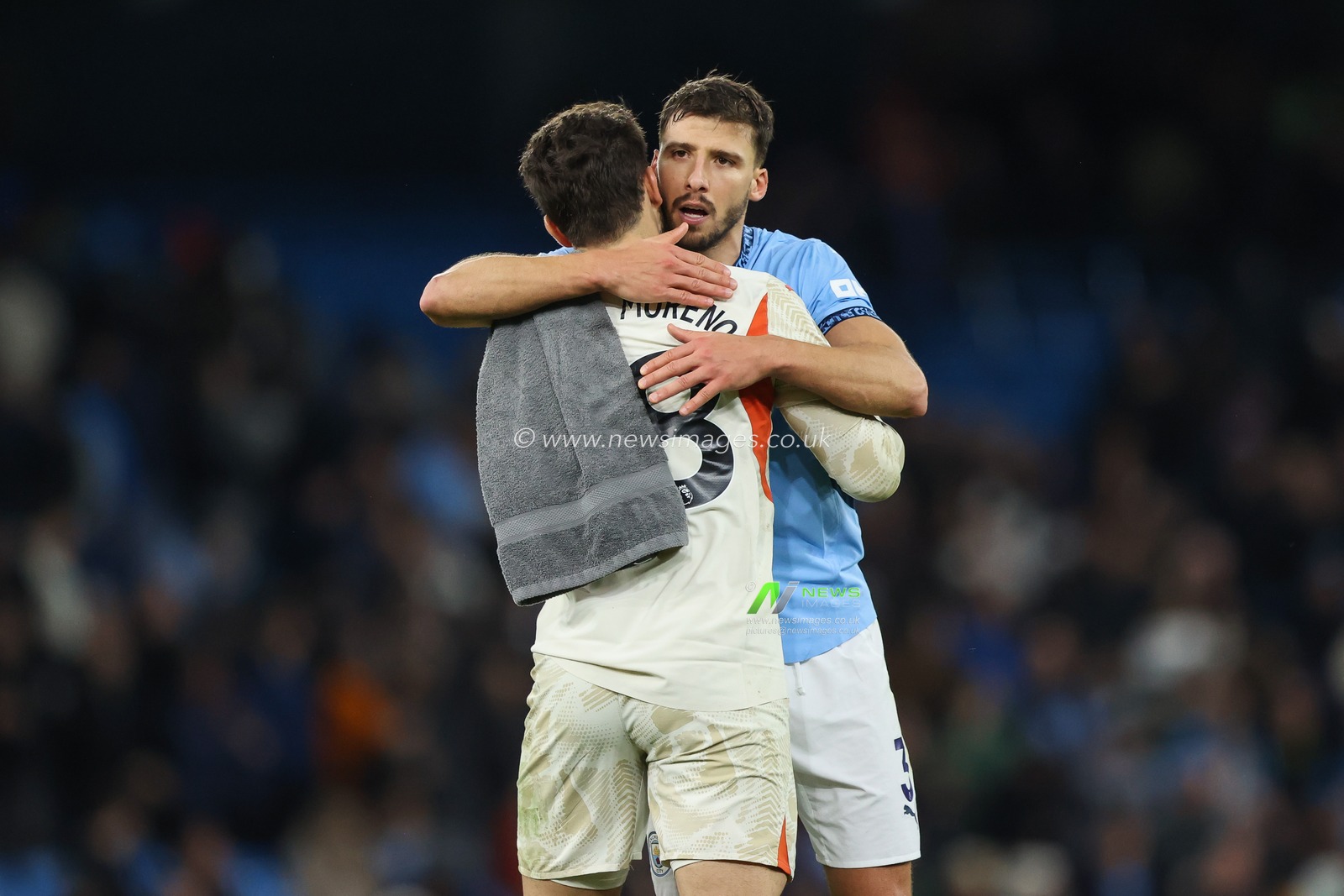 Stefan Ortega of Manchester City and RÃºben Dias of Manchester City embrace after the final whistle of the Premier League match Manchester City vs Nottingham Forest at Etihad Stadium, Manchester, United Kingdom, 4th December 2024

(Photo by Alfie Cosgrove/News Images)
