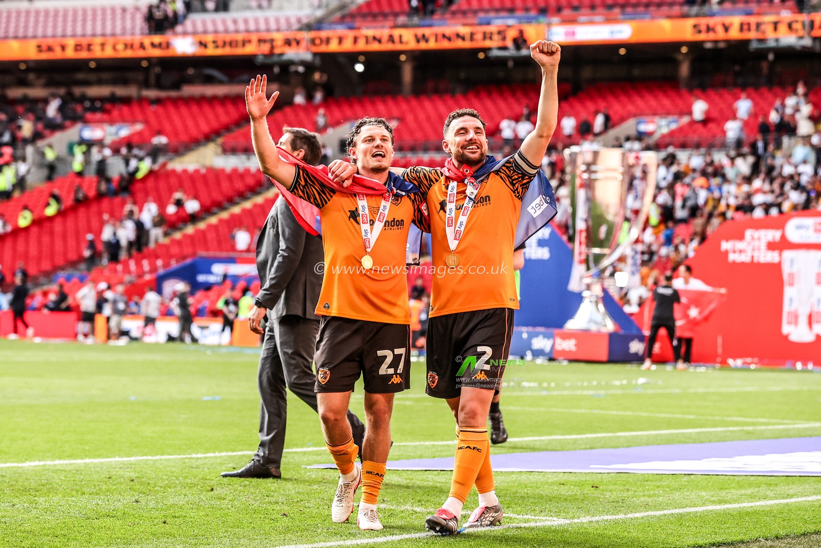 Regan Slater of Hull City and Lewis Coyle of Hull City celebrate with the fans after winning the playoffs to secure promotion to the Premier League during the Sky Bet Championship Playoffs Final match Hull City vs Middlesbrough at Wembley Stadium, London, United Kingdom on 23 May 2026

(Photo by Alfie Cosgrove/News Images)